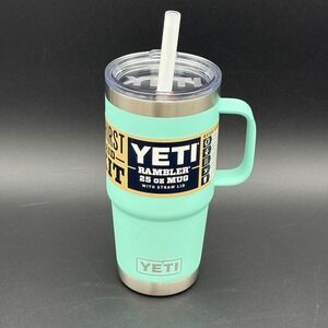 YETI Rambler 25 oz Mug Straw Lid Seafoam Green Stainless Steel Insulated READ